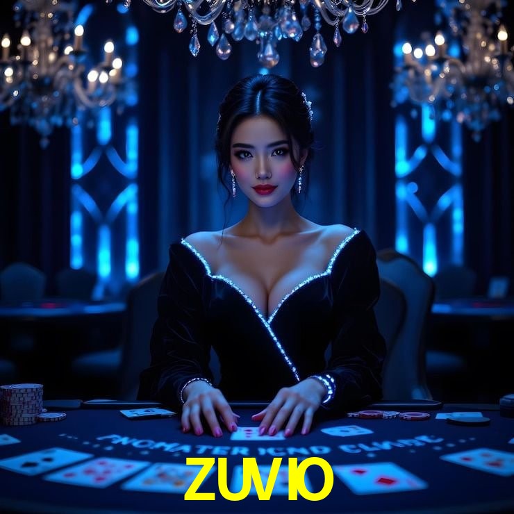 Escena dinámica inspirada en casino con iluminación ZUVIO, cartas, fichas e íconos de juegos digitales en un espacio moderno de juegos.