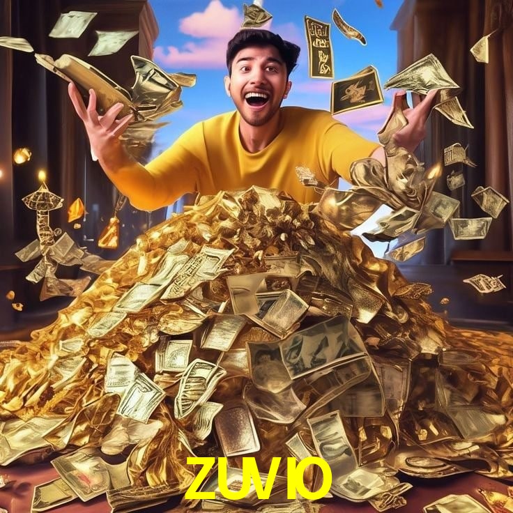 Una escena digital vívida inspirada en casino con ZUVIO mostrado prominentemente, luces brillantes, fichas, cartas y acentos dorados.