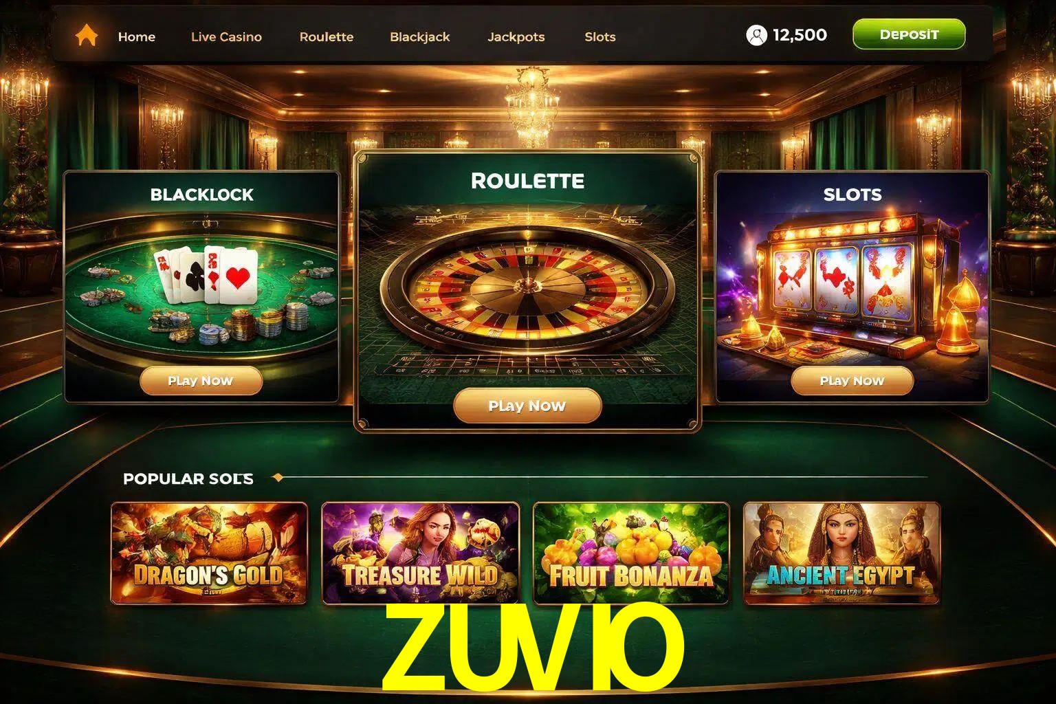 Vista de la plataforma ZUVIO Casino mostrando categorías organizadas de juegos en línea